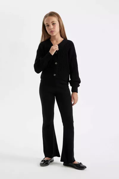 Kız Çocuk Flare Fit İspanyol Paça Basic Düz Triko Pantolon WN