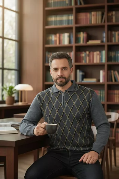 Мъжки пуловер от стоманена плетена тъкан с орнамент „баклава“, с яка като риза, цип, поло яка, не се окосмява, зимен, за баща