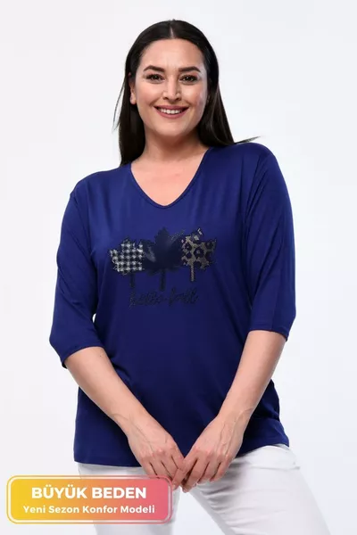 Plus Size New Season Comfortable Model Leaf Pattern Stone Print Half Sleeve Mother’s Four Seasons Blouse