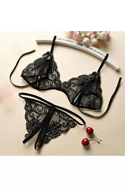 Women's Black Lace Fantasy Bra and Panty Set