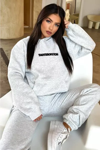 That So Fetch Eşofman Takımı - Gri Baskılı Oversize Kapüşonlu Şardonlu