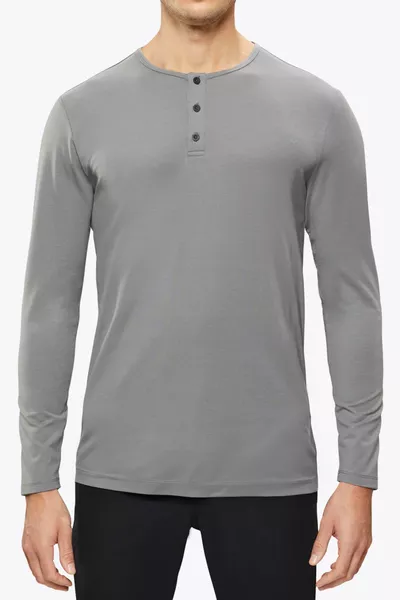 Langarm-T-Shirt mit V-Ausschnitt, halbem Rollkragen und Knopfleiste, Regular Fit, grau