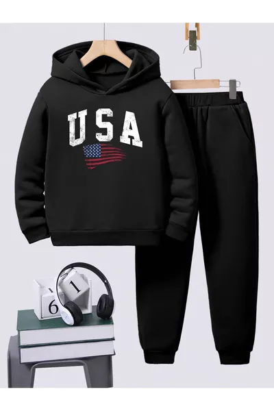 Детски унисекс черен анцуг с щампа USA