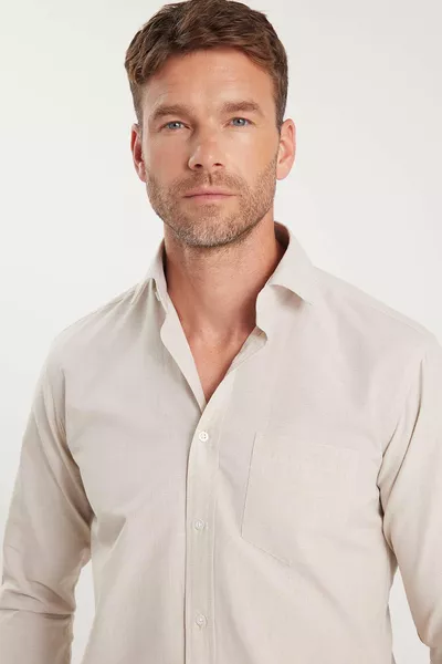 Мъжка риза Regular Fit, класическо прязване, памучна, лесна за гладене, с райета, бежова