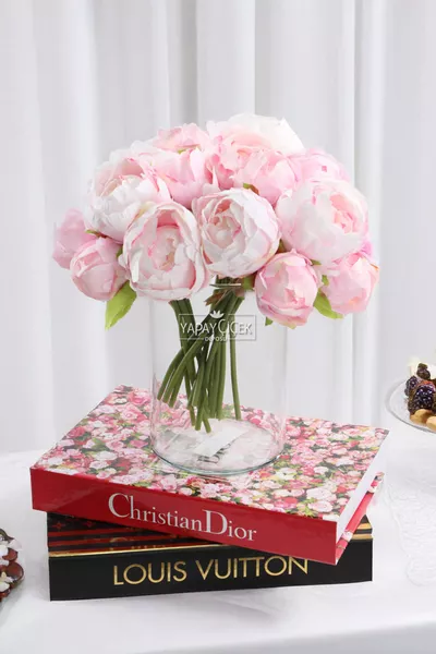 Изкуствени цветя 6 бр. сребристи Пиони Рози Букет  см Пудра розово