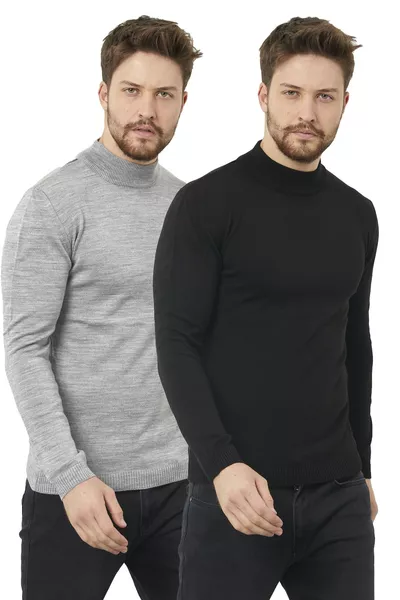 كنزة رجالية عالية الرقبة بأكمام طويلة، قماش تريكو، حزمة من قطعتين (أسود-رمادي)