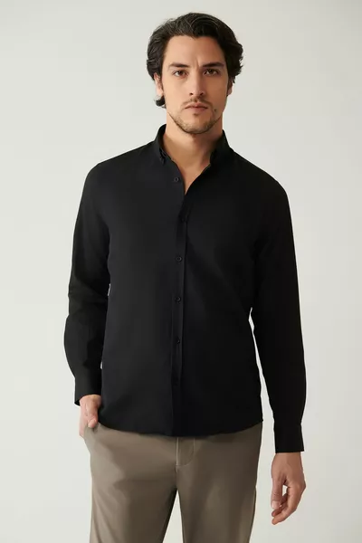 Мужская черная рубашка на пуговицах Легко гладимая рубашка стандартного кроя из хлопка Оксфорд 