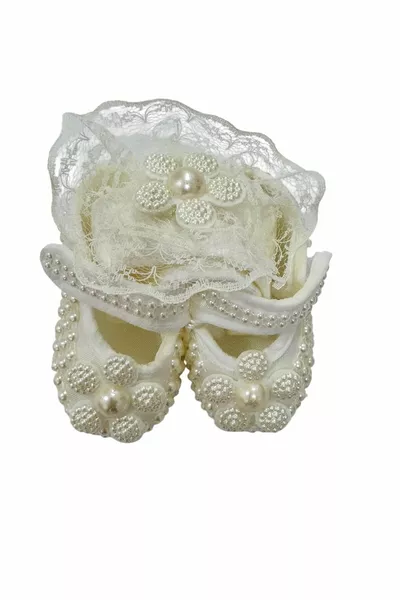 Perle Satin Baby Mädchen Stiefeletten / gekrönte Stiefeletten Set / Mevlütlük Baby Mädchen Stiefeletten / Baby Stiefeletten
