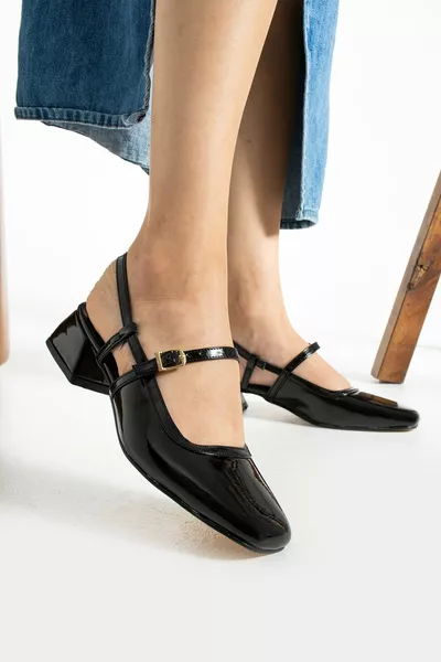 نسائي جلد لامع أسود بكعب مفصل 3 سم