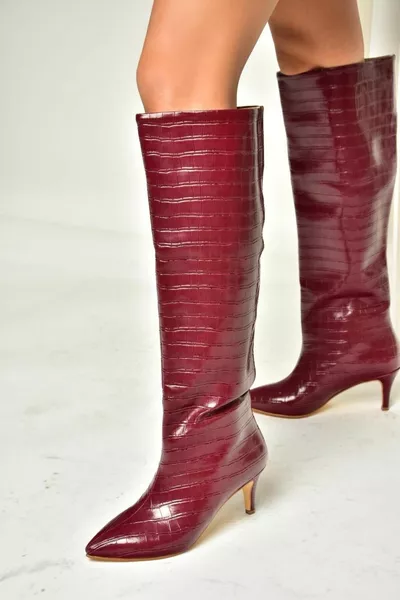  Bottes à talons bas à imprimé croco bordeaux pour femme