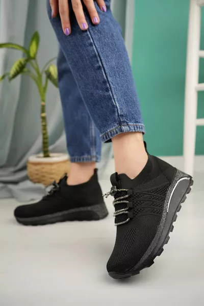 Kadın Beyaz Bağcıklı Taşlı Triko Kadın Sneaker