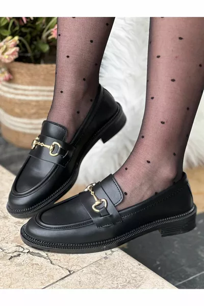 Casual Black Skin Mocassins Femme Classique À Motifs Ovale Mocassins Avec Semelle Boucle 