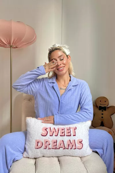 Blue Flat Front Button Plush Fleece Pajama Set