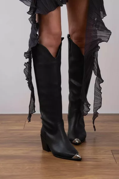 اصبع القدم المعدنية مفصلة أحذية رعاة البقر الأسود