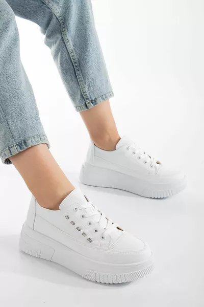 Einreihige Stein-Schnürschuhe mit dicker Sohle, weiße Damen-Sneakers