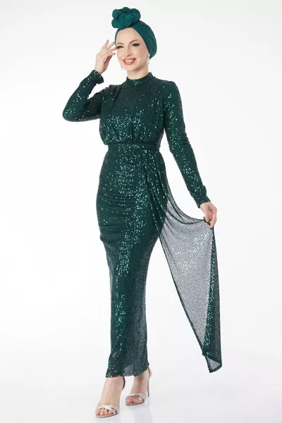 -EMERALD Double-breasted Collar Sequined Evening Dress