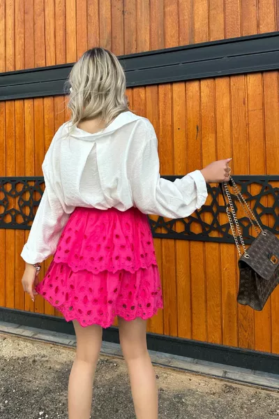 JUPE FUCHSIA POUR FEMME TAILLE ÉLASTIQUE SUPERPOSÉE DOUBLÉE JUPE JEUNE FILLE AVEC BRODERIE FUSE