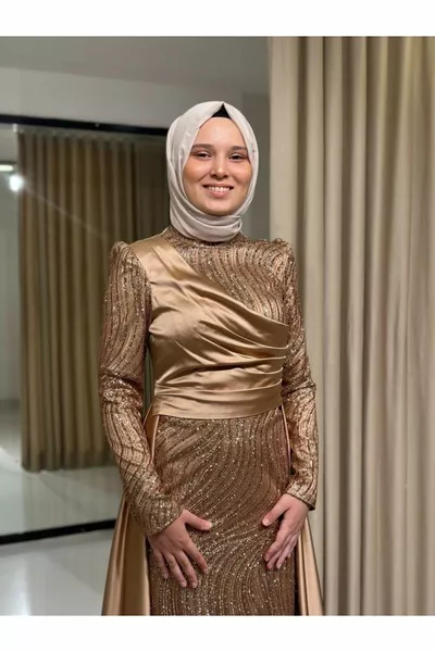 Златна звезда жените драпирани блясък отпечатани нос нов сезон хиджаб вечерна рокля  