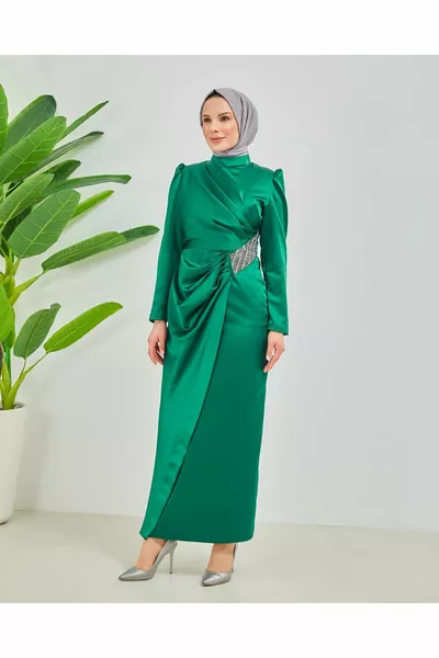 Satin Appliqué Stone Detailed Hijab Evening Dress 