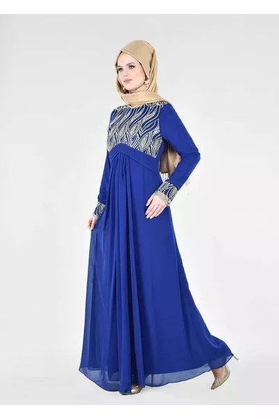 Abito da sera Hijab dettagliato ricamato blu navy (SAKS) T Fy Collection da donna