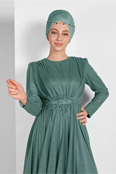 Дамски зелен (ÇAĞLA) пола Flounced колан блясък вечерна рокля 