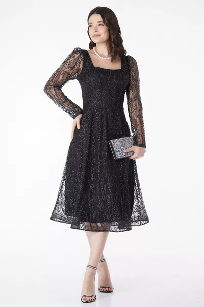 Прав среден дамски черен дълъг ръкав Midi Elbse - 