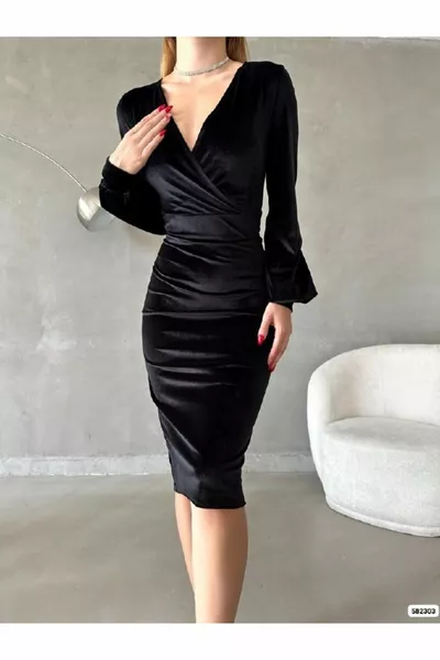 двубортный воротник воздушный рукав разрез длина миди бархатная ткань вечернее платье свадебная помолвка приглашение на выпускной