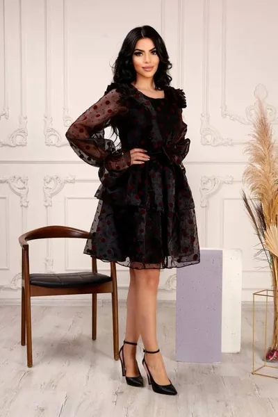 البولكا نقطة طباعة على الزجاج الأورجانزا ضوء منخفضة قطع الأكمام شفافة تصميم مساء اللباس