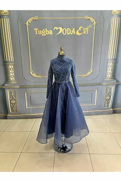 Besonderes Design Indigo Abendkleid Midi-Länge
