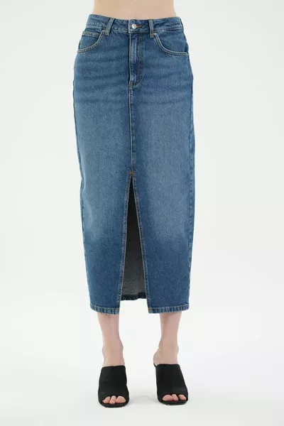 منتصف الأزرق عالية الخصر الجبهة شق تنورة جينز