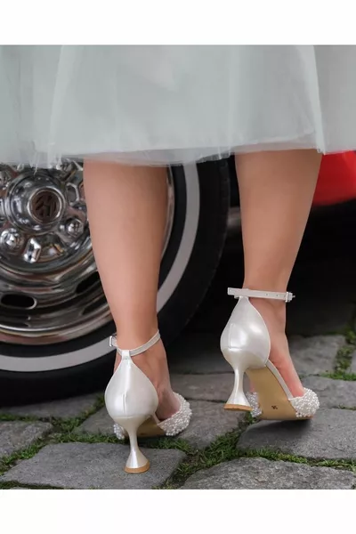 White Women's Bridal Shoes with Pearl Detail