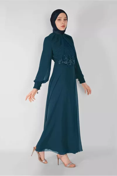 Women's Blue (PETROL) Sequin Embroidered Chiffon Evening Dress 