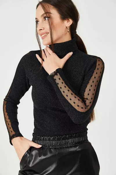 Damen Schwarzer Hals Ärmel Spitze Detaillierte Strickpullover 