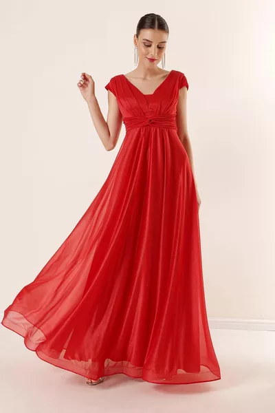 Ön Arka V Yaka Yarım Ay Kollu Drapeli Astarlı Simli Uzun Elbise