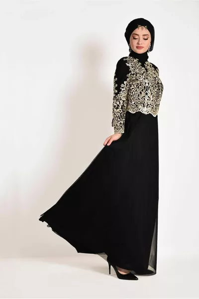 Dames zwarte (ZWART-GOUD) tule avondjurk T 