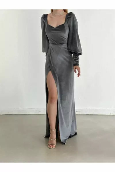 Сърце врата дълъг ръкав цепка Макси дължина кадифе рокля