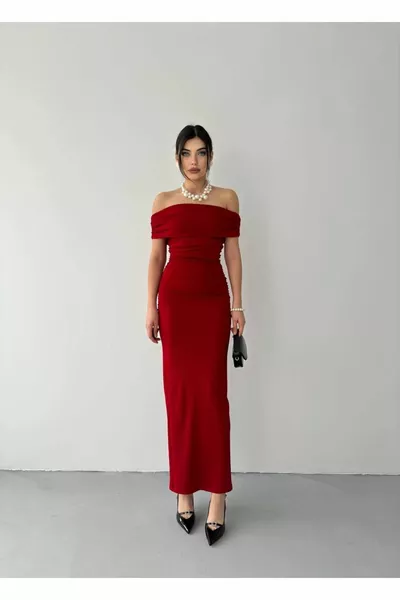 أحمر بلا أكمام شق مادونا طوق ماكسي بسط رايات القطن الزفاف دعوة ثوب