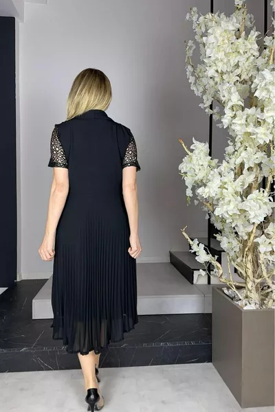  Дантелена плисирана рокля черна