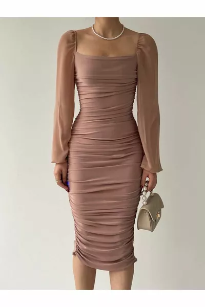 Drafe Sandy Square Neckline, Powder Dress, Sleeve Chiffon