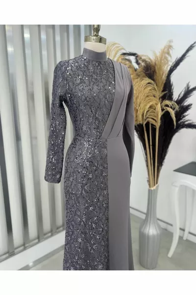 Pailletten Azalee Hijab Abendkleid Grau