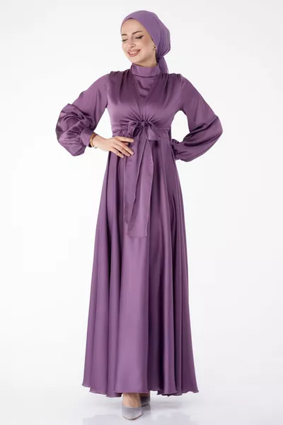 Straight Judge Collar Women's Lilac Evening Dress with Front Tie - 