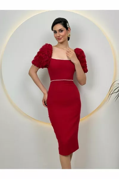 Pearl Square Neck Red Midi Length Evening Dress with Shoulder Detail