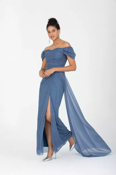 Damen Abendkleid, U-Boot-Ausschnitt, drapierter Schlitz, detailliertes langes Glitzerkleid / Indigo