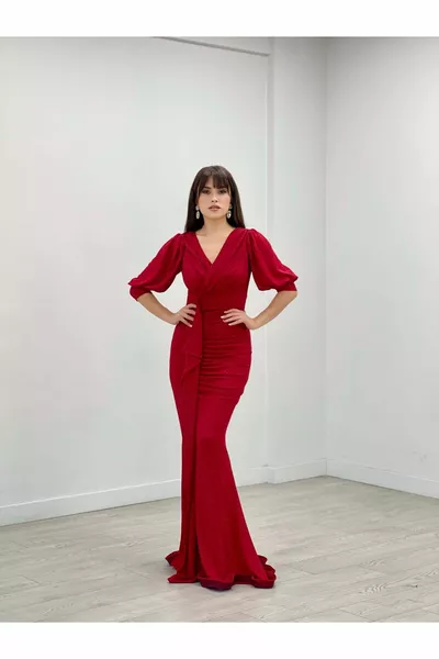 Abito Da Sera Dettagliato A Volano Modello Pesce In Tessuto Glitterato - ROSSO