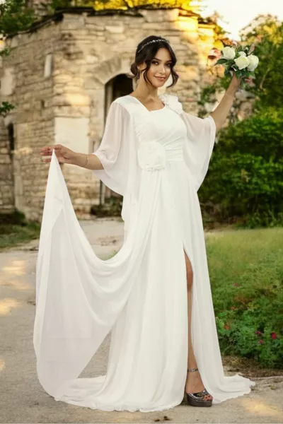 ASYMMETRISCHER AUSSCHNITT, WEITE VOLANTÄRMEL, FLORALE TAILLE UND SCHULTER, SCHLITZ, CHIFFON-HOCHZEITS- UND OBERKLEID