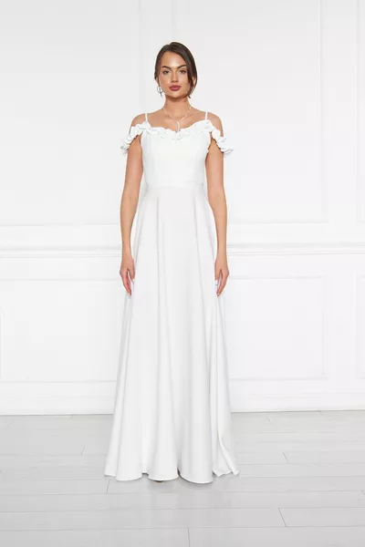 أبيض كشكش طوق التفاصيل قابل للتعديل حزام المنسوجة النسيج ماكسي اشتعلت مساء اللباس