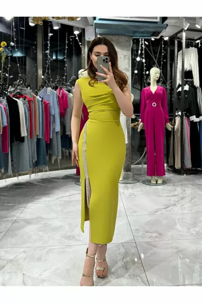 Нелия фронт цепка камък подробни вечер рокля-шам-фъстък зелено