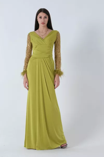 شفافة الأكمام الحجر المطرزة مساء اللباس الفستق 