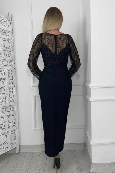  Дълъг ръкав блясък дизайн рокля черен