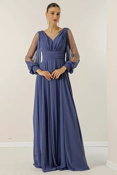 الجبهة الخلفية الخامس الرقبة الجبهة دراي الأكمام تول اصطف واسعة الحجم متباعدة طويلة الشيفون اللباس